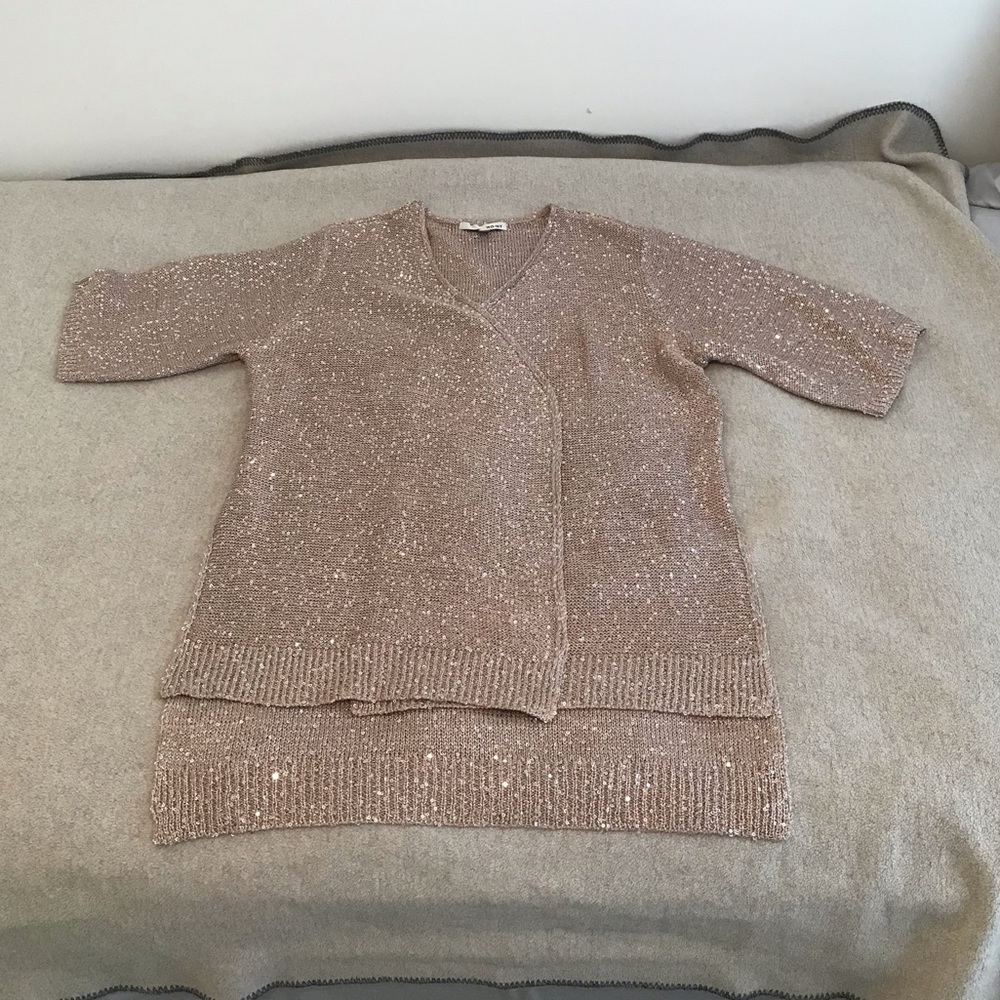 WD.NY Sequin Knit Short Sleeve Taupe Cardigan ~ NWOT